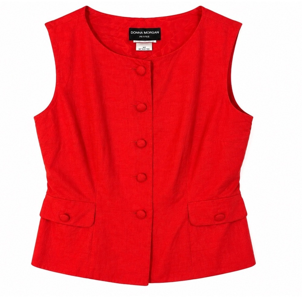 VTG Donna Morgan Petites Red 100% Silk‎ Button Front Sleeveless Vest Top Size 8P